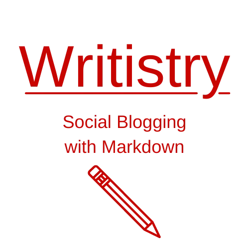 Link to Writistry app in a new tab; social blogging with markdown. Features an anguled sharpened pencil, ready to write.
