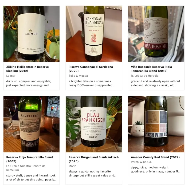 A grid of various wine labels from a personal wine journal.